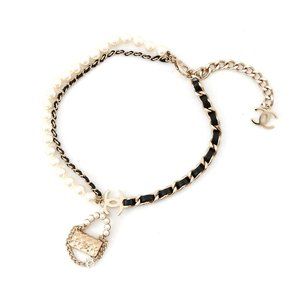 CHANEL Gold Pearl Leather Logo Necklace